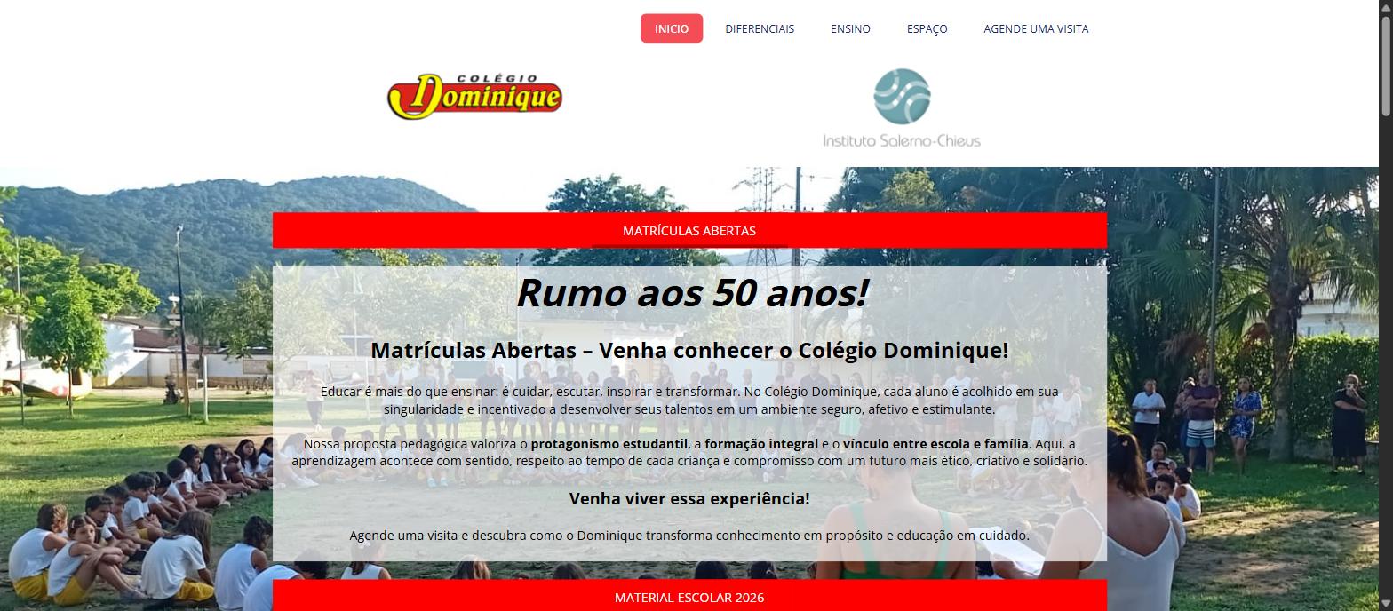 Captura da página inicial de colegiodominique.com.br